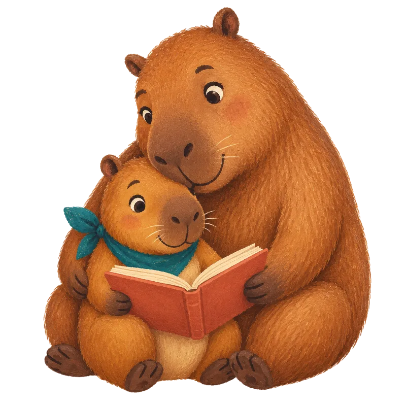 A parent capybara reading a book together with their kid